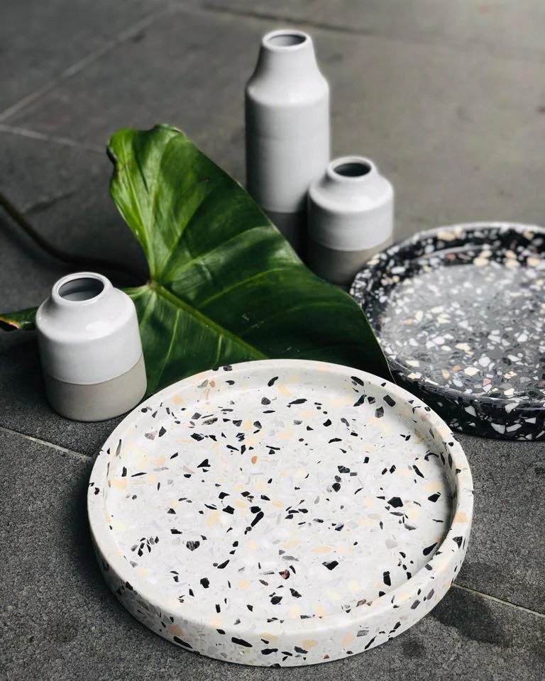 Colorful terrazzo tray made from recycled plastic waste by EchoTrash India