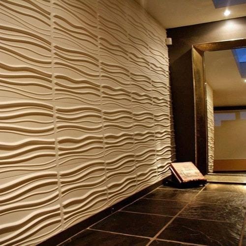 Recycled plastic wall panel in modern pattern made by EchoTrash youth volunteers